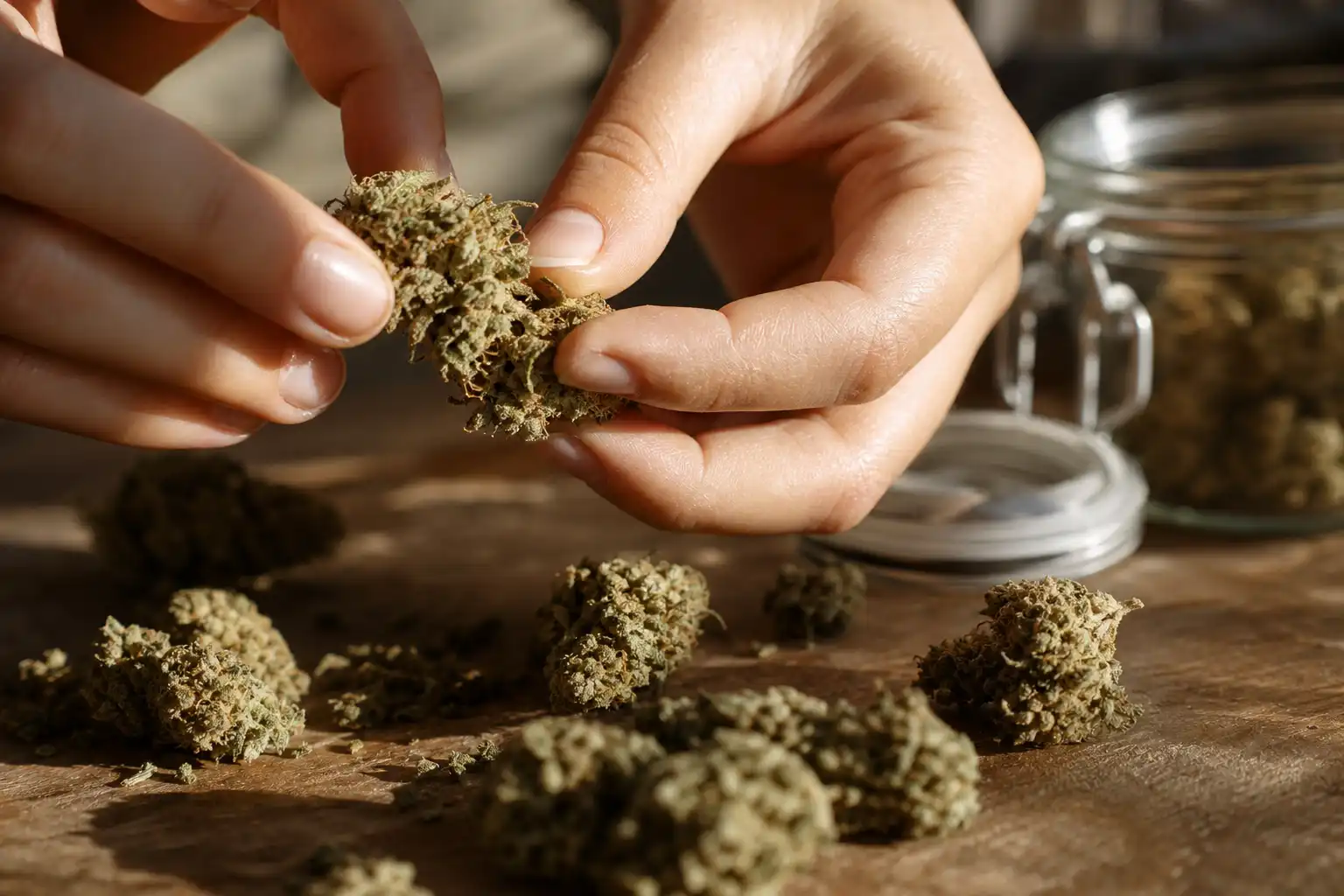 Des mains manipulent un objet, autour de fleurs cbd, près d'une table en bois.