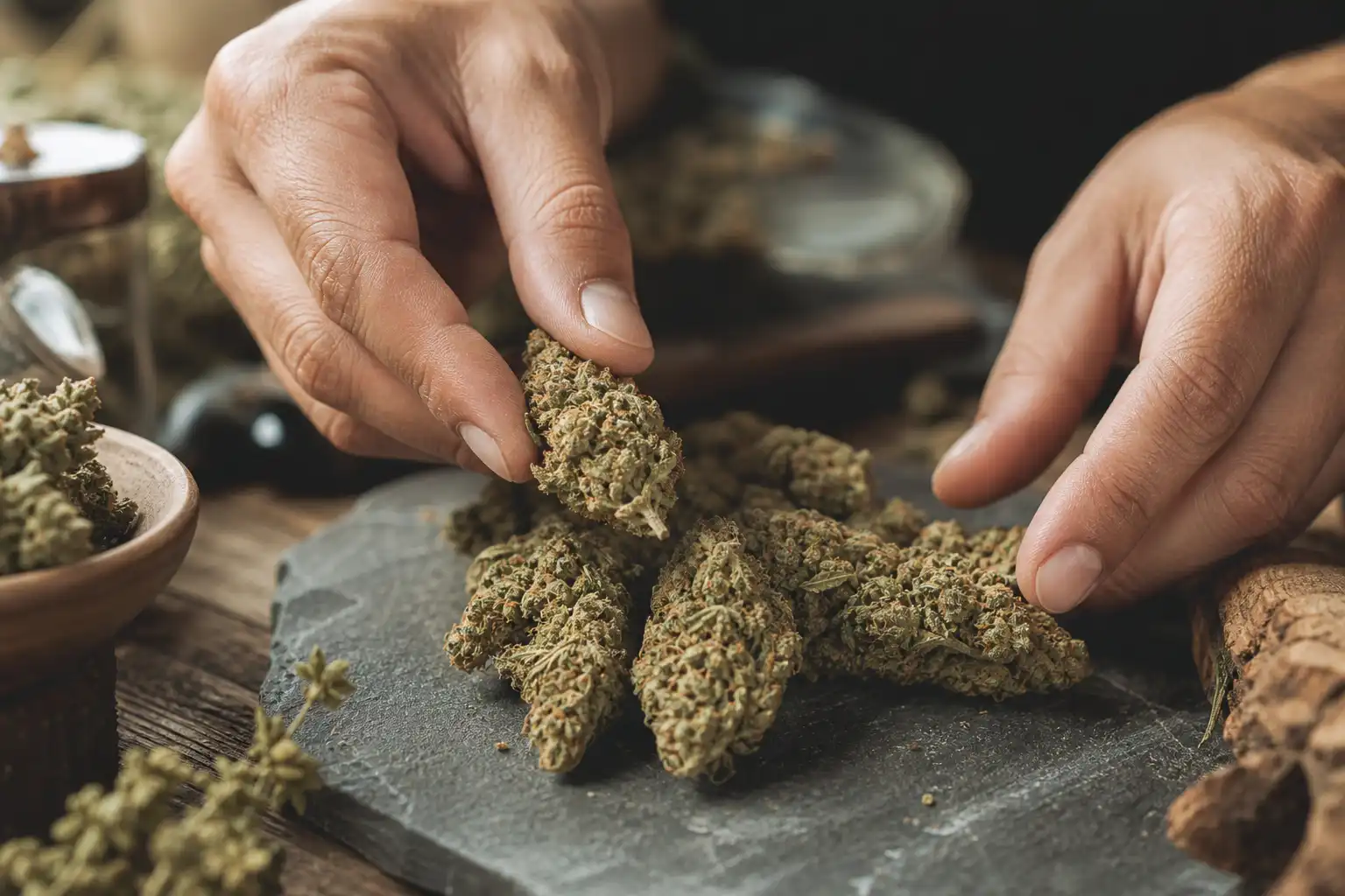 Des mains disposent un objet, autour de fleur cbd aéroponie, dans un atelier.