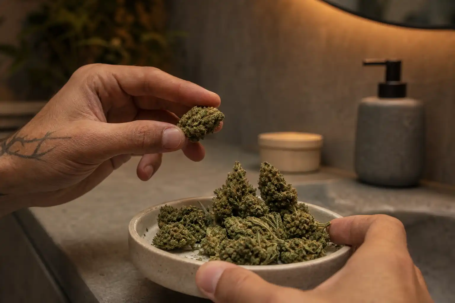 Des mains disposent un objet, autour de fleur cbd outdoor, dans une salle de bain.