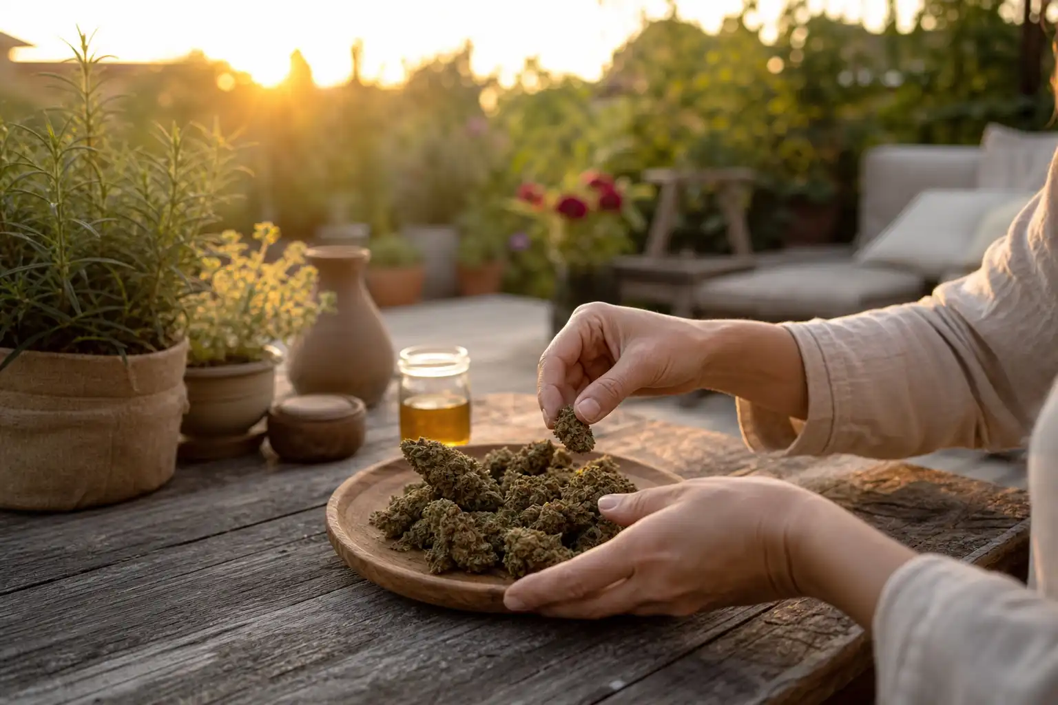 Quelqu'un dispose un objet, autour de fleur cbd bioponie, dans un jardin.